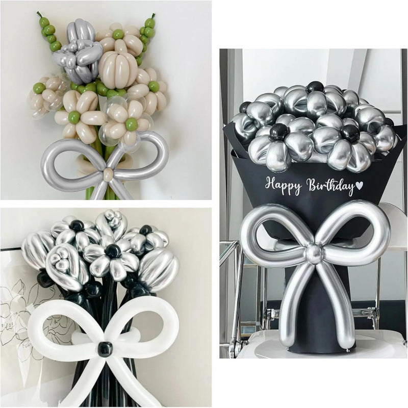 260Q twisting balloon silver and white floral bouquet arrangement