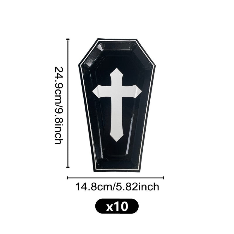 Halloween Coffin Shaped Paper Plates | Ghost & Bone Disposable Dinnerware | Party Supplies (C1-C6 Designs, 10 pieces/pack)