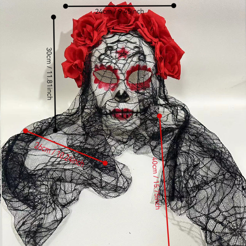 Sugar skull mask dimension diagram with lace veil measurements