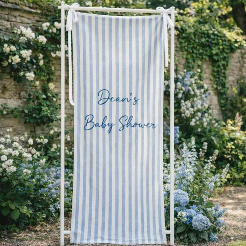 Fabric welcome banner baby blue vertical pinstripes with script