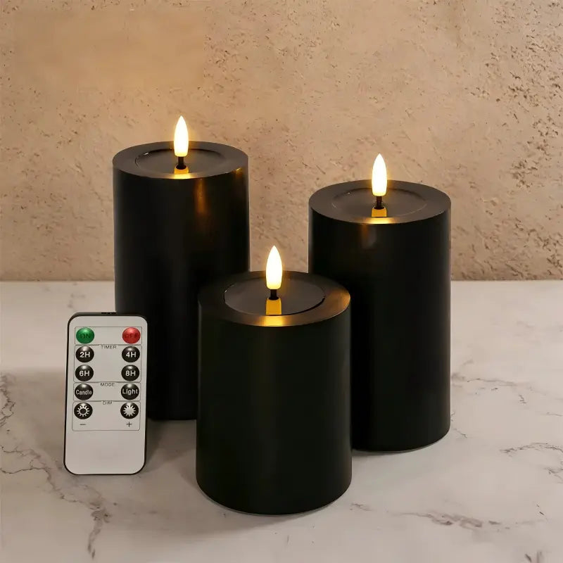 Flat top LED pillar candle custom matte black 3-piece set with remote control