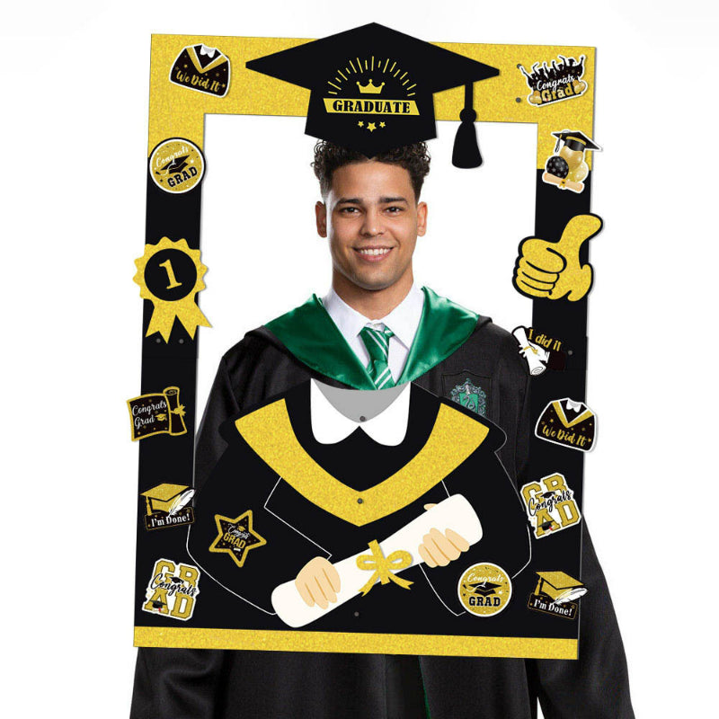 Graduation photo booth frame male graduate handheld portrait display view