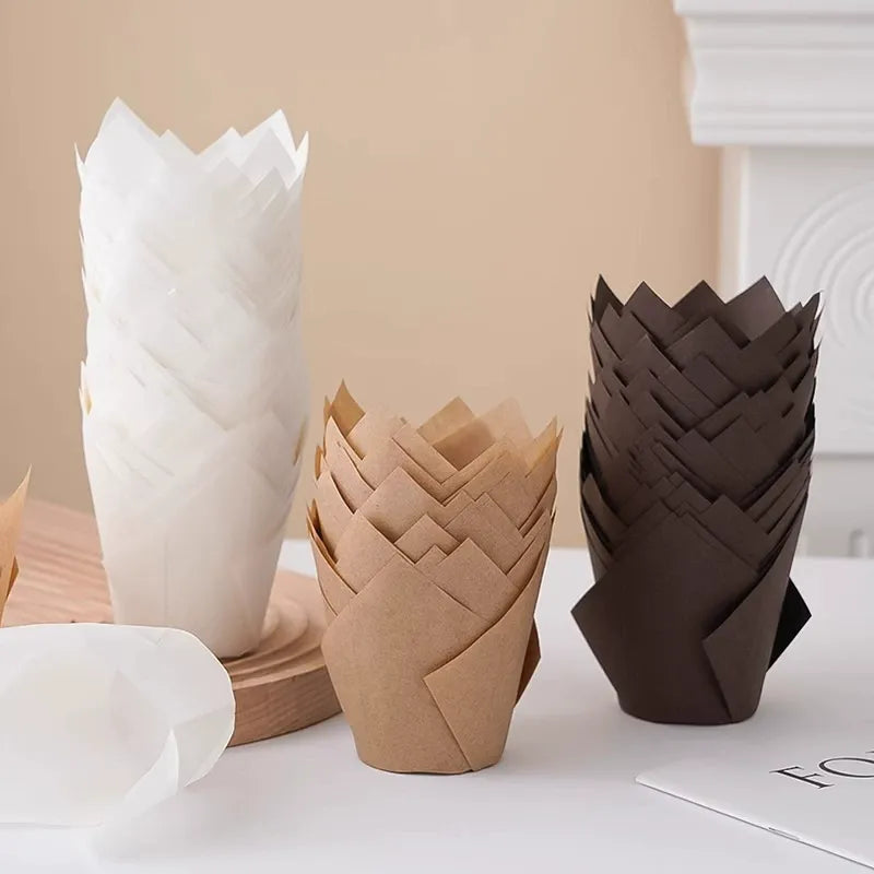 Wholesale greaseproof tulip cupcake baking liners - Stacked neutral kraft, white, and brown sleeves