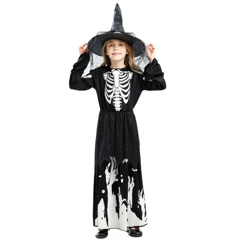 Skeleton Bodysuit Costume – Glow in the Dark Grim Reaper Halloween Cosplay Jumpsuit for Adults & Kids (100cm to 180cm, with/without Scythe, Female Dress Version)