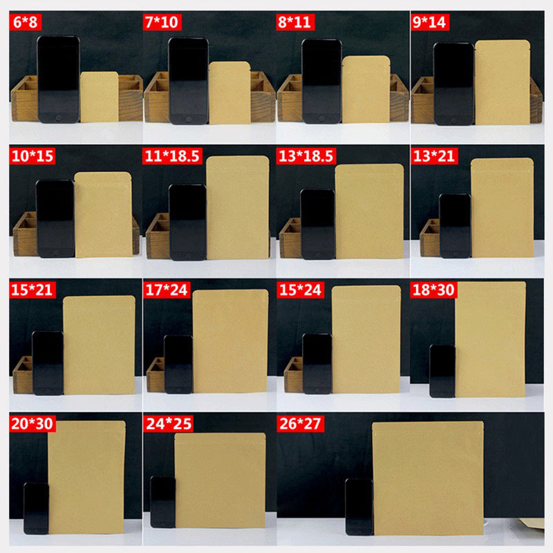 Foil-lined flat pouch complete fifteen size comparison specification grid