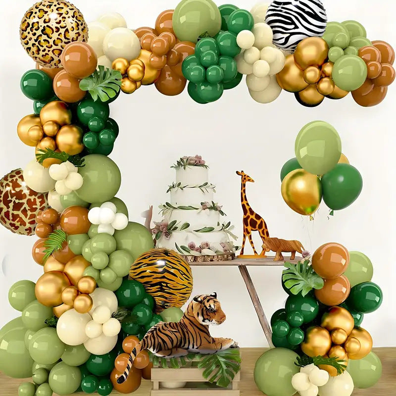 Jungle safari balloon garland kit asymmetric table framing arrangement