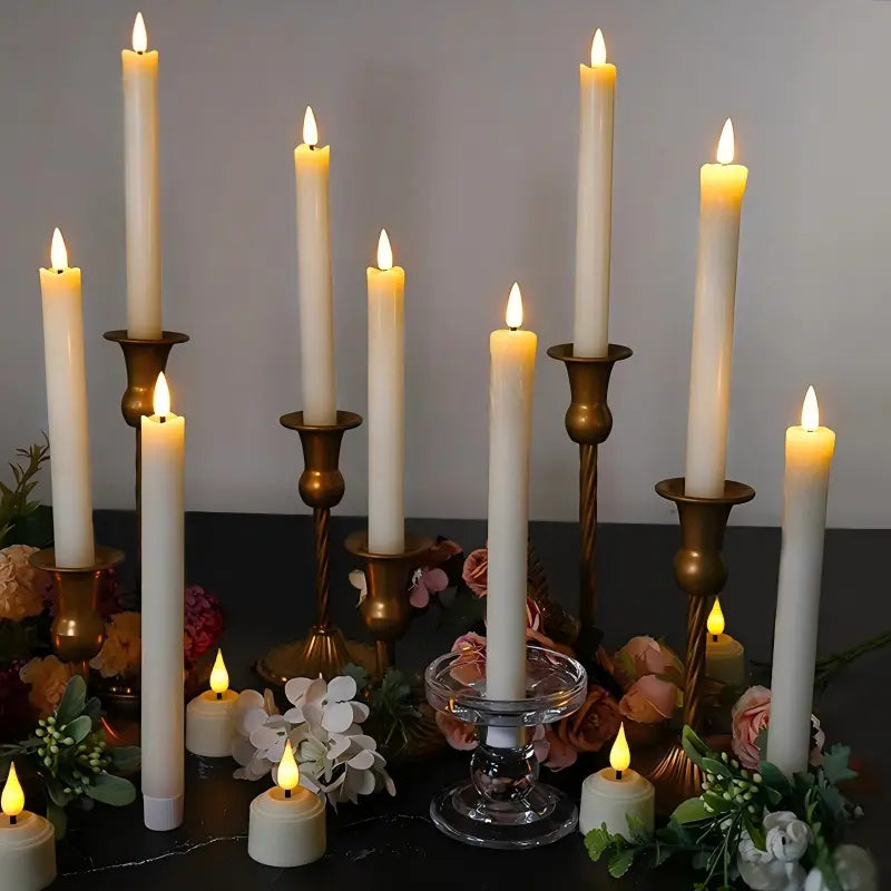 Rechargeable paraffin LED taper candle set illuminated in holders for event dining decor