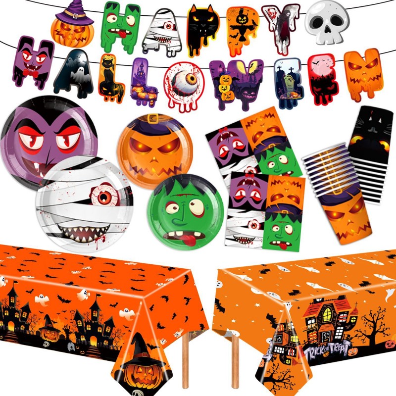 Halloween Horror Party Decoration Supplies â Disposable Dinnerware, Plastic Table Cover & Hanging Banner for Haunted House & Themed Event