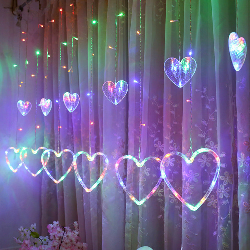 Curtain string lights colorful illuminated hanging heart-shaped drop pendants