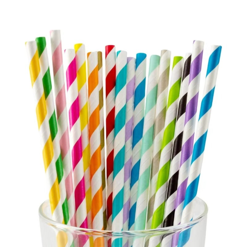 Colored Stripe Paper Straws 197*6mm - Biodegradable, Thickened for Bubble Tea & Coffee