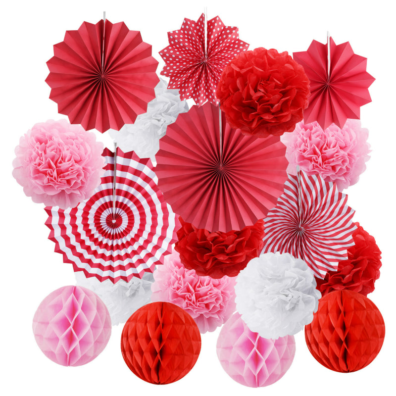 Paper fan honeycomb kit festive red and white pom-poms