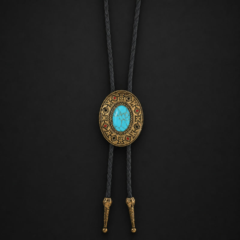 Western bolo tie antique bronze ornate pendant with turquoise stone