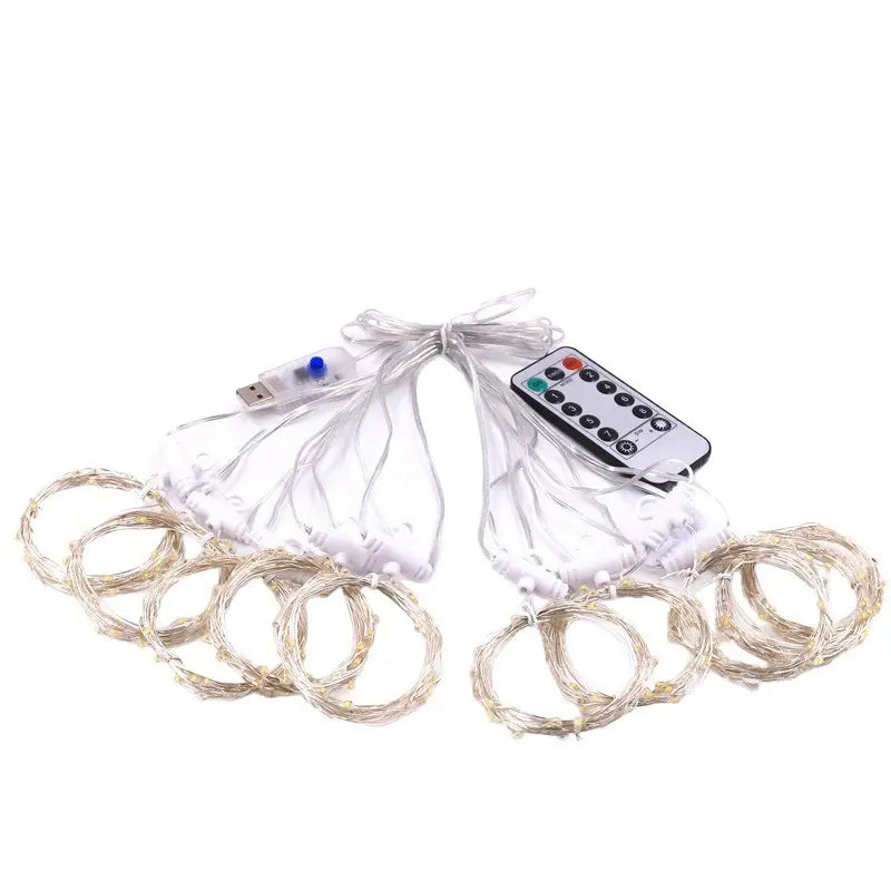 LED curtain lights coiled wire strands with wireless remote
