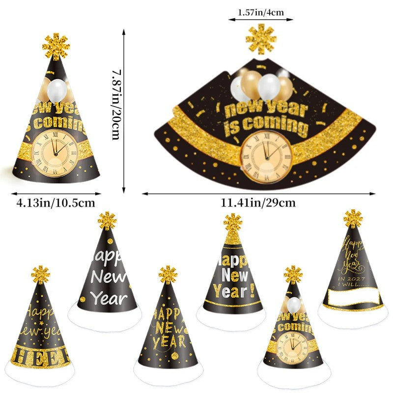 2027 Black & Gold New Year Party Kit – Kids Paper Hats, Foil Balloons & Fireworks Decor, Wholesale Bulk for NYE Celebration