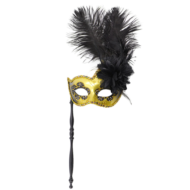 Feather masquerade mask antique gold finish with handheld stick