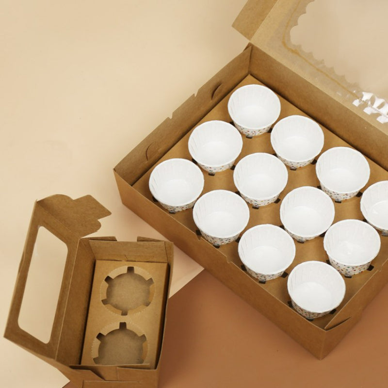 Wholesale windowed cupcake boxes with inserts - Natural kraft boxes packed with 2-cavity and 12-cavity cupcake inserts