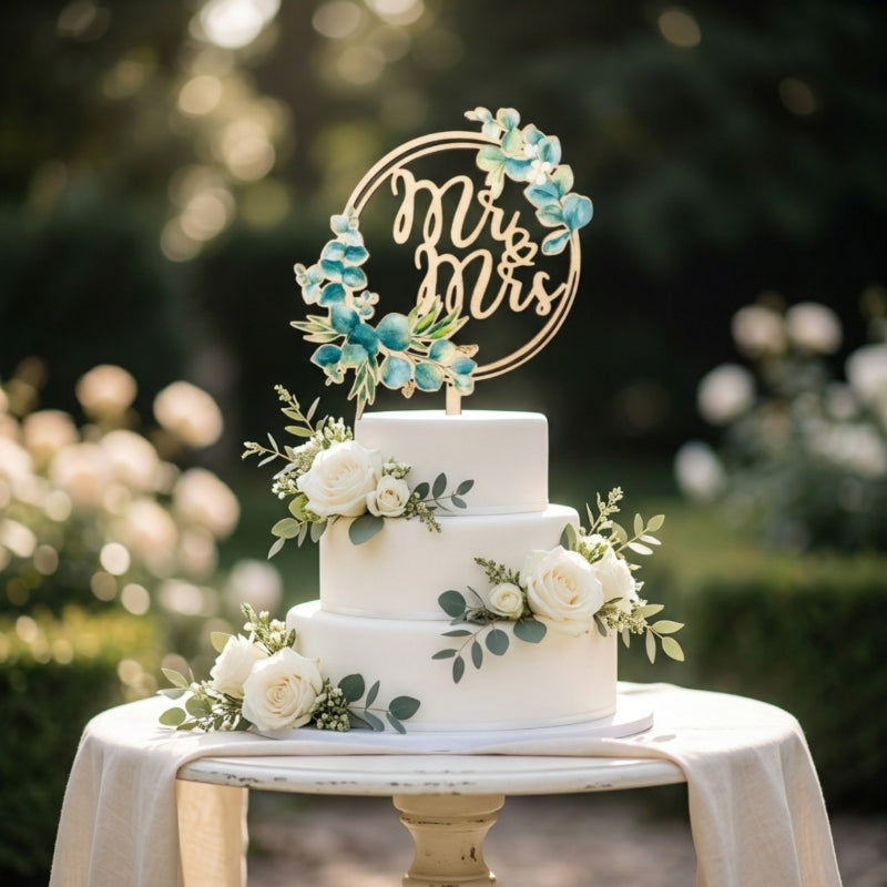 Acrylic and wood cake topper botanical greenery style on tiered wedding cake display