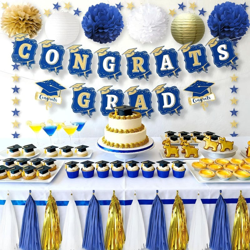 Blue & Gold Graduation Party Decoration Set | Backdrop, Balloons, Banner & Cake Topper
