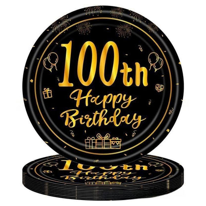 Black & Gold Birthday Party Supplies – Disposable Plates, Napkins, Cups & Tablecloth Set for Baby Boy or Girl Themed Celebration