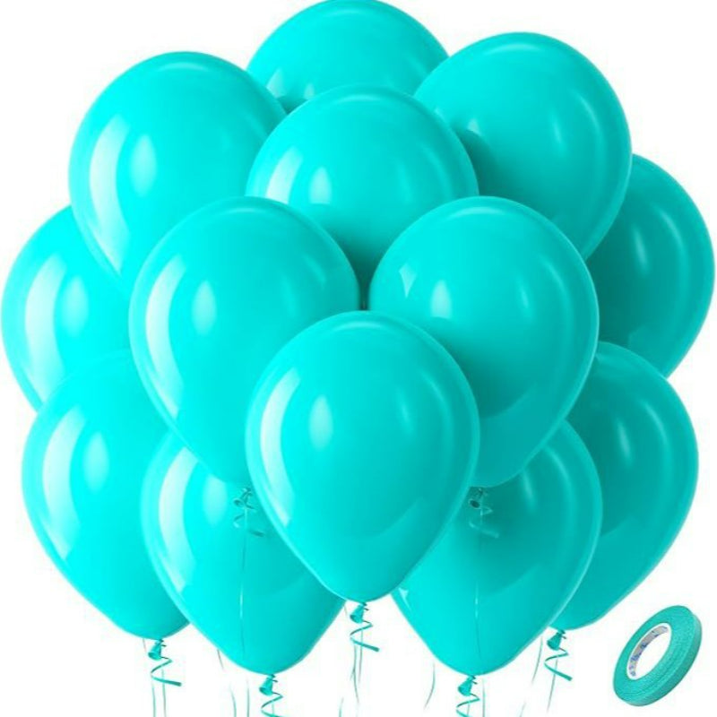 Latex balloons in cyan blue with ribbon 100-pack
