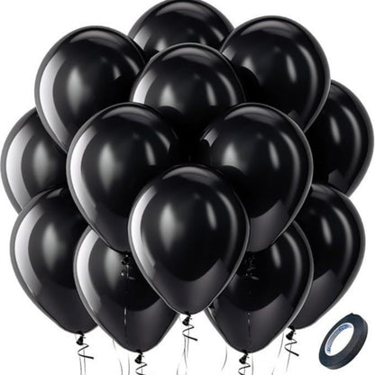 Latex balloons in matte black with ribbon 100-pack