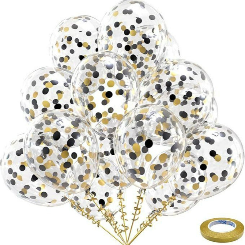 Latex balloons in clear with black and gold confetti 50-pack