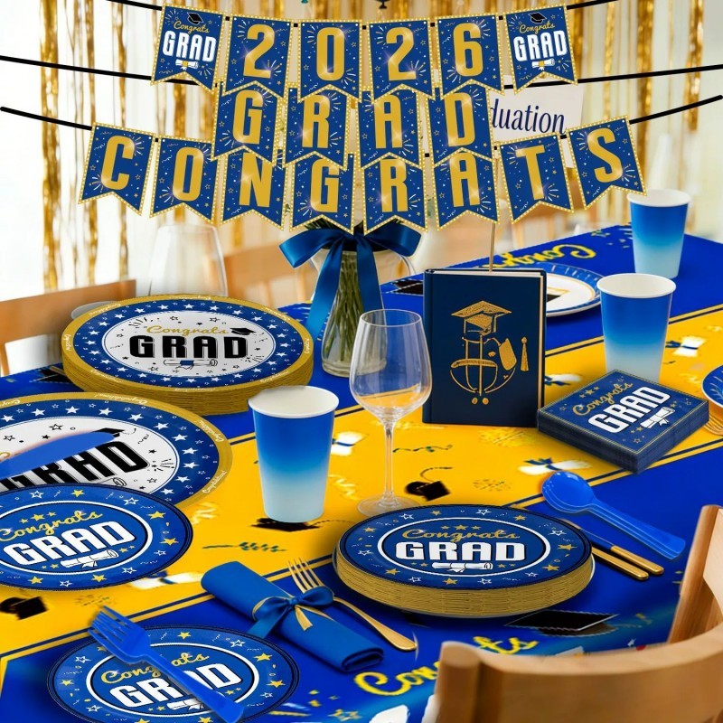 2026 Graduation Party Tableware Set | Disposable Plates, Napkins, Cutlery & Tablecloth | Black & Blue Theme