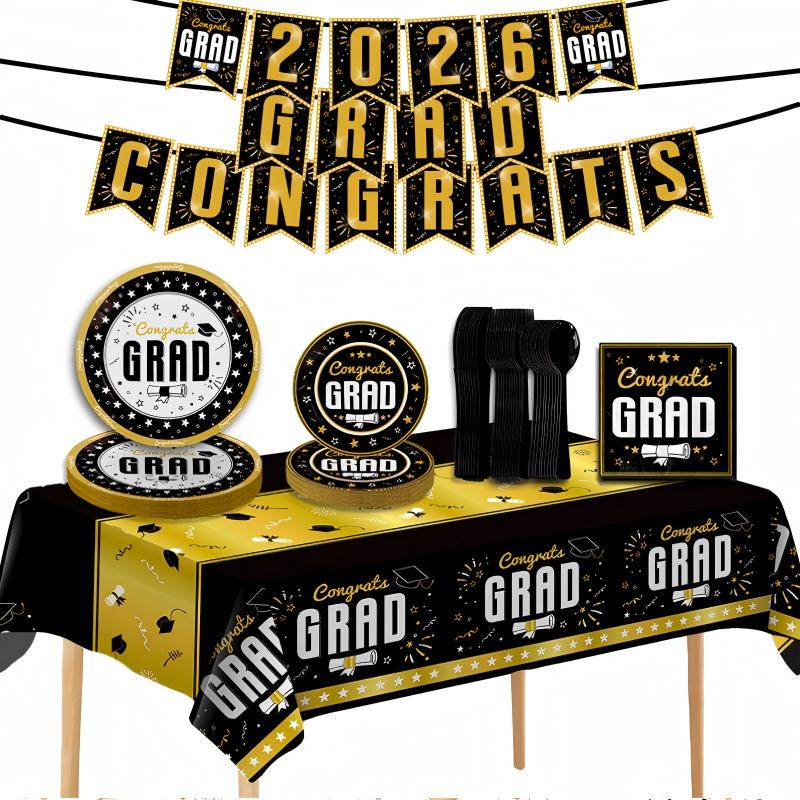 2026 Graduation Party Tableware Set | Disposable Plates, Napkins, Cutlery & Tablecloth | Black & Blue Theme