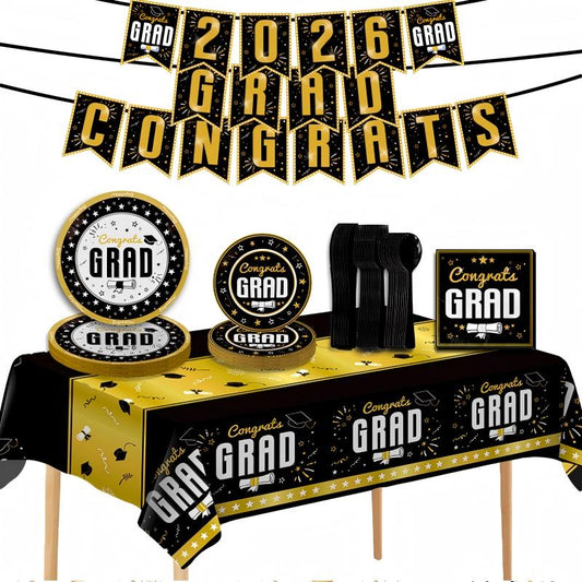 2026 Graduation Party Tableware Set | Disposable Plates, Napkins, Cutlery & Tablecloth | Black & Blue Theme