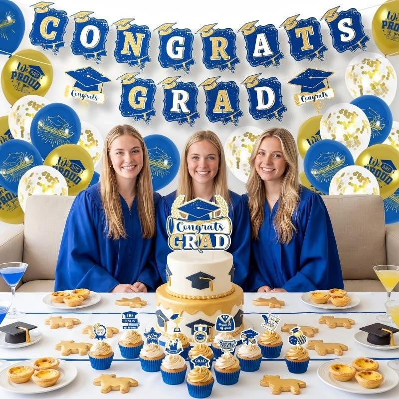 Blue & Gold Graduation Party Decoration Set | Backdrop, Balloons, Banner & Cake Topper