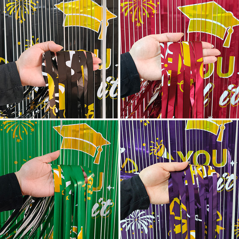 Graduation Tinsel Curtain | Printed Bachelor Hat Fringe Door Backdrop | Party Decoration