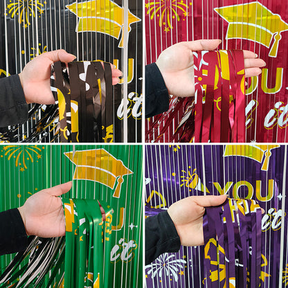 Graduation Tinsel Curtain | Printed Bachelor Hat Fringe Door Backdrop | Party Decoration