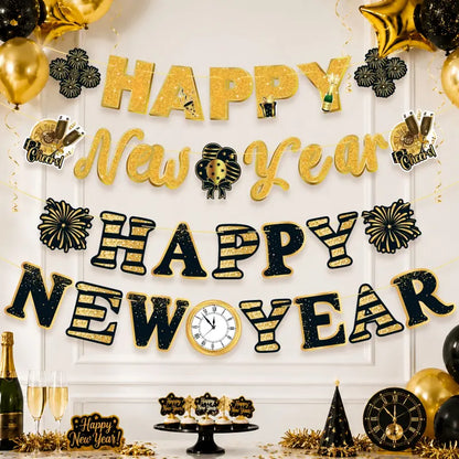 2027 Happy New Year Bunting Banner Set – Black & Gold Hanging Garland Decorations for NYE Party, Photo Booth Backdrop & Home Celebration
