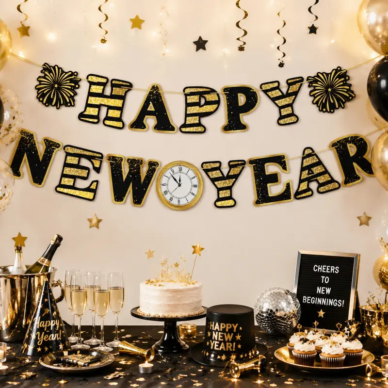 2027 Happy New Year Bunting Banner Set – Black & Gold Hanging Garland Decorations for NYE Party, Photo Booth Backdrop & Home Celebration