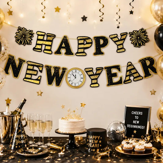 2027 Happy New Year Bunting Banner Set – Black & Gold Hanging Garland Decorations for NYE Party, Photo Booth Backdrop & Home Celebration