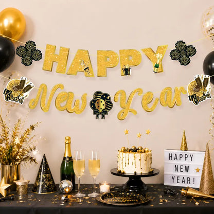 2027 Happy New Year Bunting Banner Set – Black & Gold Hanging Garland Decorations for NYE Party, Photo Booth Backdrop & Home Celebration