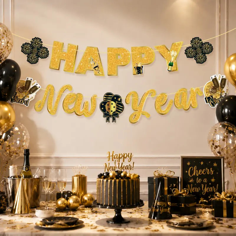 2027 Happy New Year Bunting Banner Set – Black & Gold Hanging Garland Decorations for NYE Party, Photo Booth Backdrop & Home Celebration