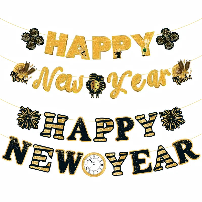 2027 Happy New Year Bunting Banner Set – Black & Gold Hanging Garland Decorations for NYE Party, Photo Booth Backdrop & Home Celebration