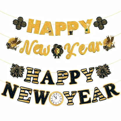 2027 Happy New Year Bunting Banner Set – Black & Gold Hanging Garland Decorations for NYE Party, Photo Booth Backdrop & Home Celebration