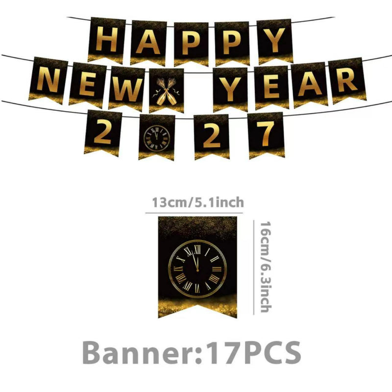 2027 Black Gold Happy New Year Party Set, Banner, Paper Plates, Paper Cups, Tablecloth & Disposable Tableware