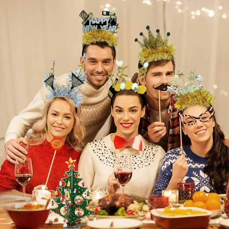 Friends wearing New Year headbands at a holiday dinner