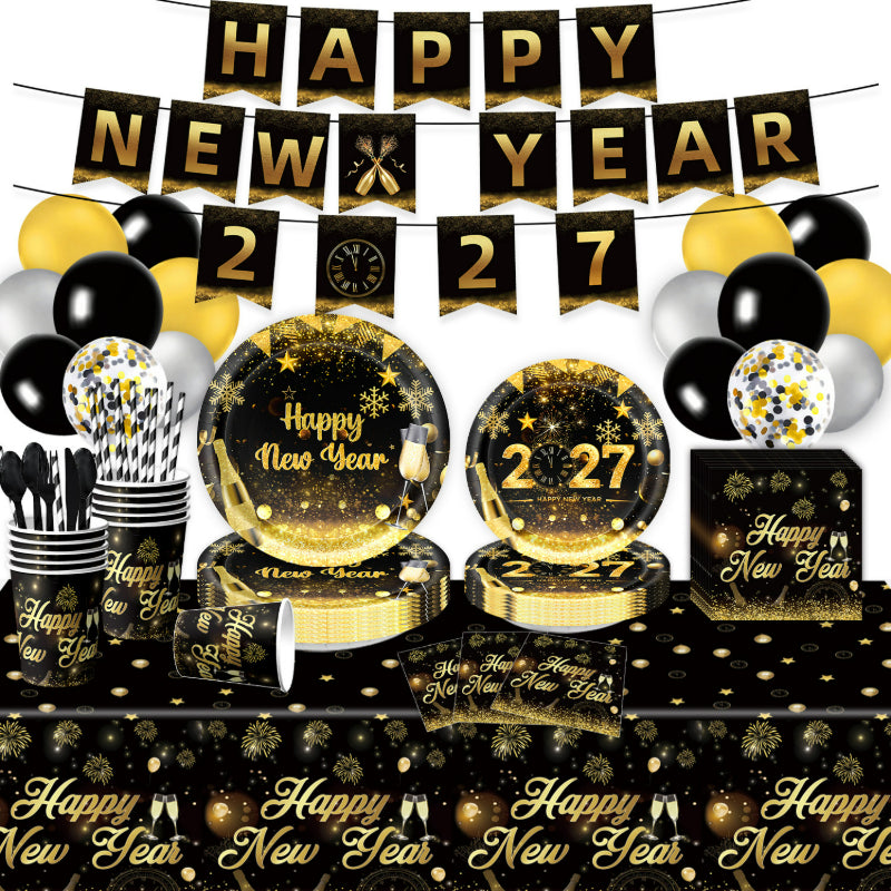 2027 Black Gold Happy New Year Party Set, Banner, Paper Plates, Paper Cups, Tablecloth & Disposable Tableware