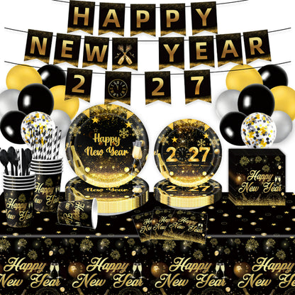 2027 Black Gold Happy New Year Party Set, Banner, Paper Plates, Paper Cups, Tablecloth & Disposable Tableware