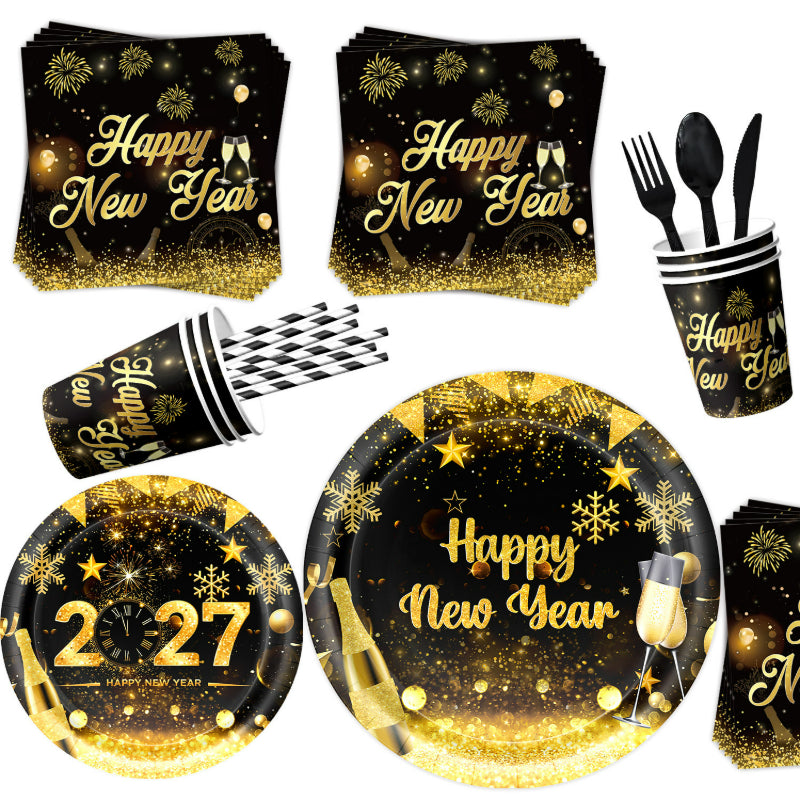 2027 Black Gold Happy New Year Party Set, Banner, Paper Plates, Paper Cups, Tablecloth & Disposable Tableware