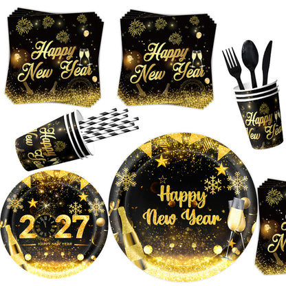 2027 Black Gold Happy New Year Party Set, Banner, Paper Plates, Paper Cups, Tablecloth & Disposable Tableware