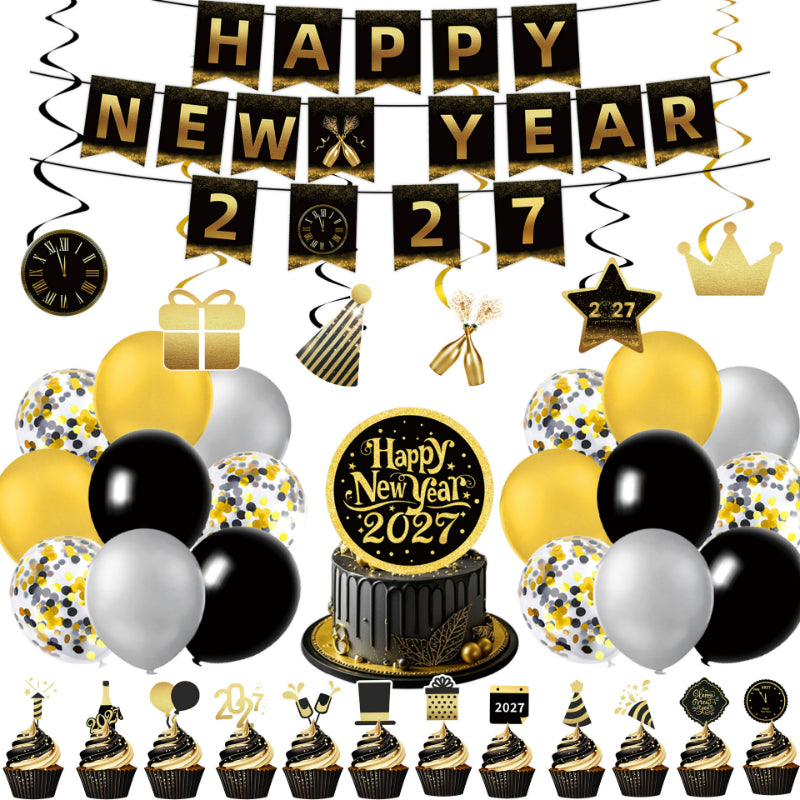2027 Black Gold Happy New Year Party Set, Banner, Paper Plates, Paper Cups, Tablecloth & Disposable Tableware