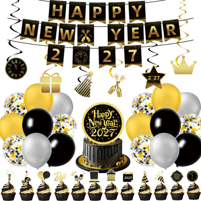 2027 Black Gold Happy New Year Party Set, Banner, Paper Plates, Paper Cups, Tablecloth & Disposable Tableware