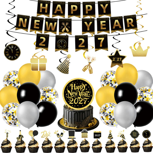 2027 Black Gold Happy New Year Party Set, Banner, Paper Plates, Paper Cups, Tablecloth & Disposable Tableware