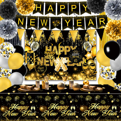 2027 Black Gold Happy New Year Party Set, Banner, Paper Plates, Paper Cups, Tablecloth & Disposable Tableware