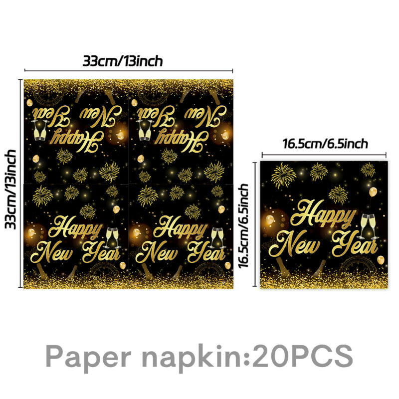 2027 Black Gold Happy New Year Party Set, Banner, Paper Plates, Paper Cups, Tablecloth & Disposable Tableware
